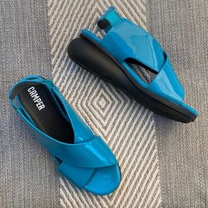 Camper Bright Teal Patent Leather Slingback Sandals